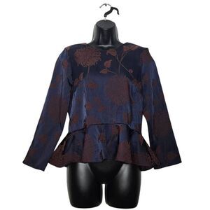 Zara Jacquard Peplum Blouse Women's Size Small Brown Navy Dressy
